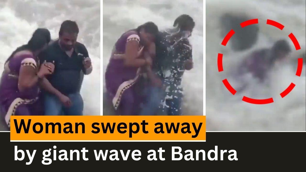 Viral Video Woman Swept Away By Giant Wave At Mumbai