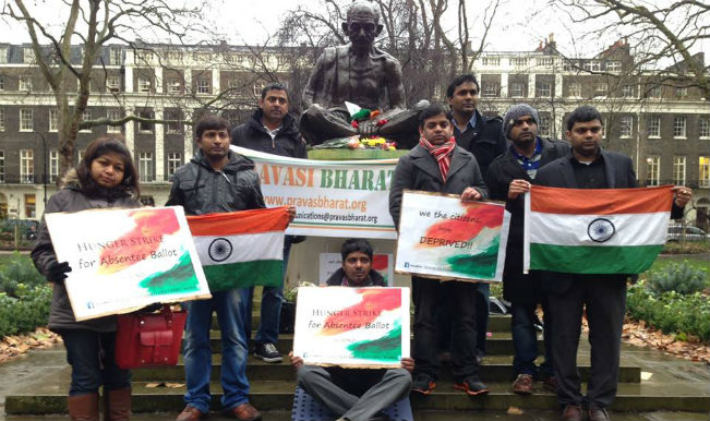 NRIs in London protesting at Mahatma Gandhi Statue in London seeking postal or online vote. The protest was organised by Pravasi Bharat in January. Photo: Pravasi Bharat Facebook page