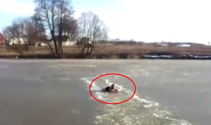 A man jumps into an icy lake to save drowning dog in Russia!