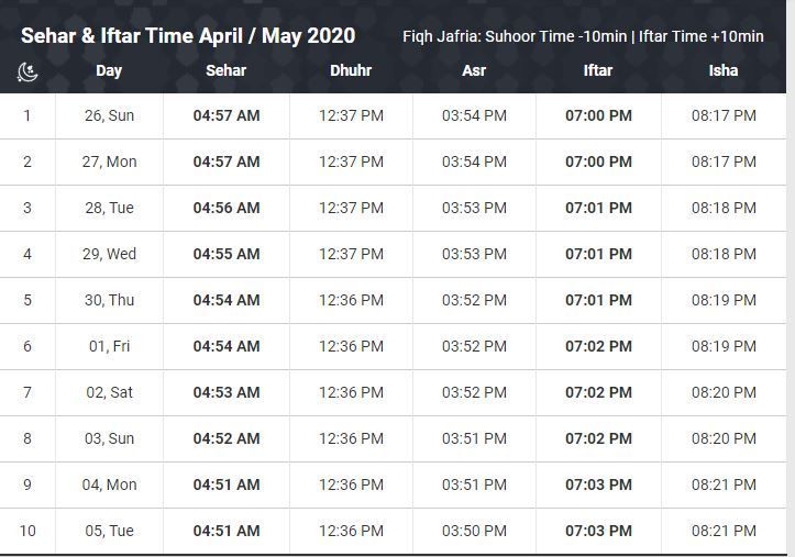 Ramzan Time Table 2020 Download Ramadan Schedule in PDF with Sehri and