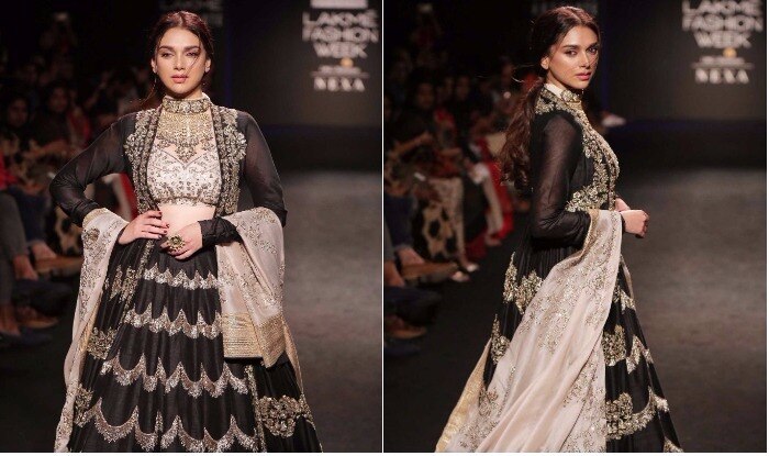 Aditi rao sizzled in this dramatic black lehenga by designer jayanti reddy at lakme fashion week 2017