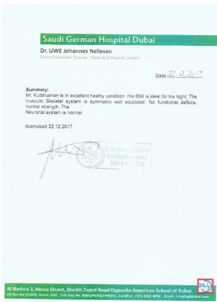 Kulbhushan Yadav's Medical Certificate