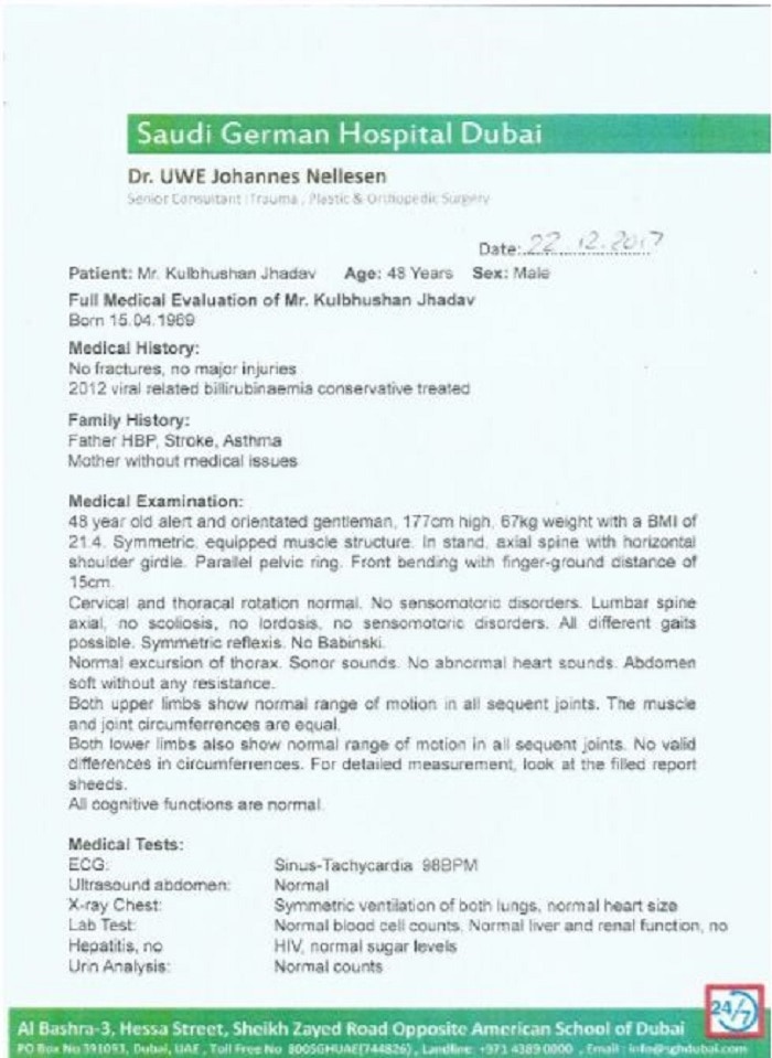 Kulbhushan Yadav's medical certificate