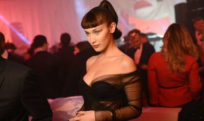slim fit dress slacks Bella Hadid Vintage Black Taffeta Strapless High-Low Red Carpet Dress