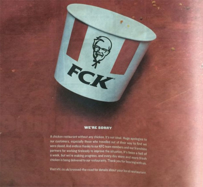 KFC Apologizes for Running Out of Chicken With a Cheeky Ad in the ...