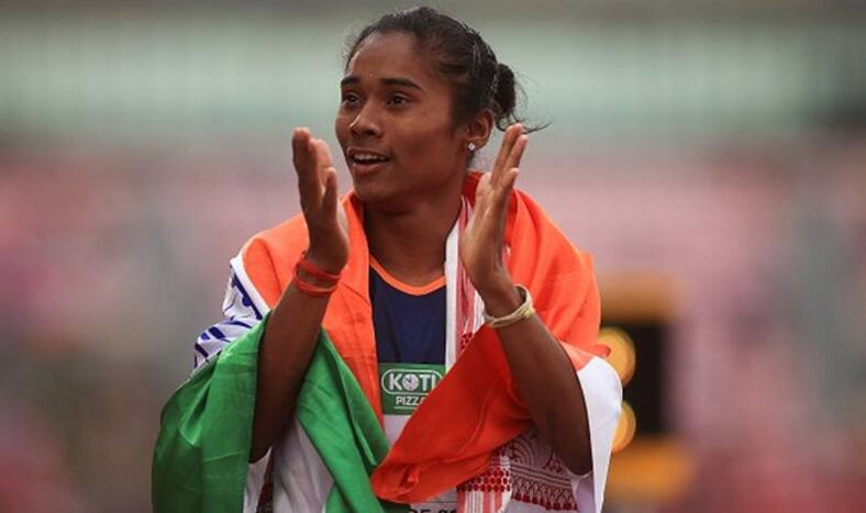 Hima Das celebrates winning gold in the final of the women's 400m on day three of The IAAF World U20 Championships on July 12, 2018 in Tampere, Finland. (Getty Images for IAAF)