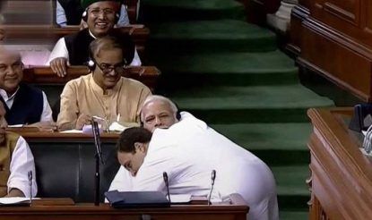 Rahul Gandhi hugging PM Modi in Parliament