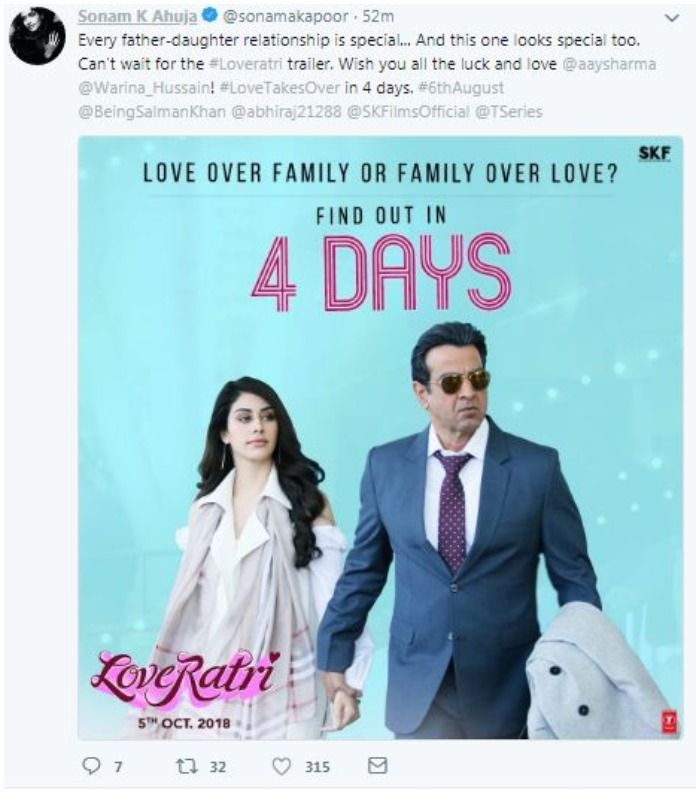 Loveratri: Sonam Kapoor Gives A Thumbs Up For The New Poster Of Aayush Sharma - Warina Hussain's Film