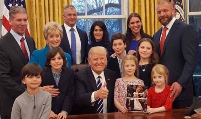 President Donald Trump with WWE chairman, Vince Mcmahon, Triple H, Shane McMahon and family at the White House-Picture credits- WWE
