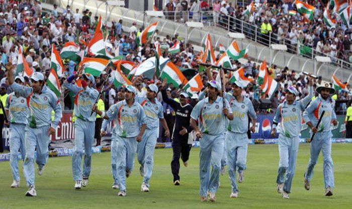 The Indian cricket team celebrate their victory over Pakistan in the final match of the ICC World Twenty20 at the Wanderers Cricket Stadium in Johannesburg, 24 September 2007. (Getty)