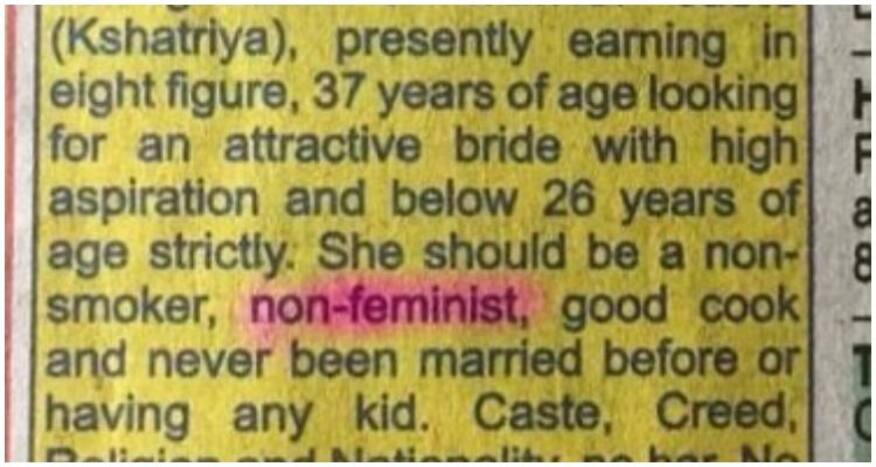 Sexist And Regressive Matrimonial Ad Asks For Non Smoker Non Feminist 
