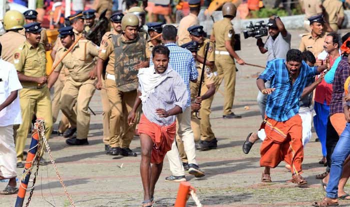 Police lathi-charge on the protestors after they opposed the entry of girls and women of menstrual age into the hill shrine of Lord Ayyappa Temple