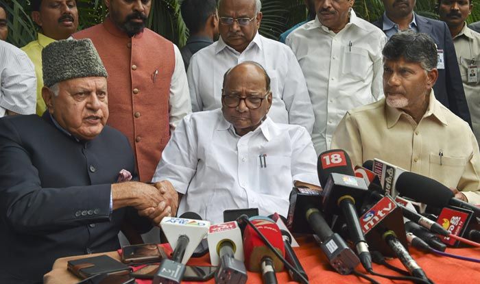 National Conference President Farooq Abdullah , NCP chief Sharad Pawar and Andhra Pradesh Chief Minister and TDP supremo N Chandrababu Naidu address the media after a meeting