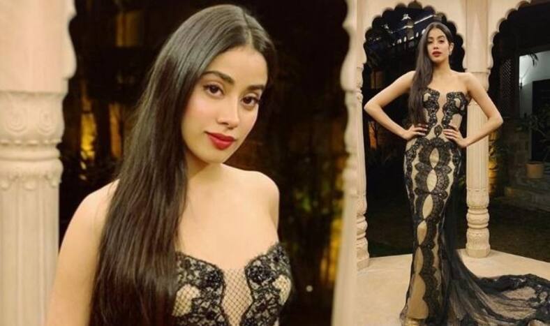 Janhvi Kapoor Looks Stunning in Beige-Black Off-Shoulder Gown by Reem Acra at Isha Ambani - Anand Piramal's Pre - Wedding Ceremony, See Pictures