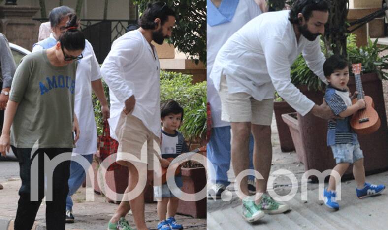 PICS: गिटार बजाते हुए करीना-सैफ के साथ वॉक पर निकले तैमूर अली खान, किसी कीमत पर नहीं छोड़ना चाहते ये खिलौना