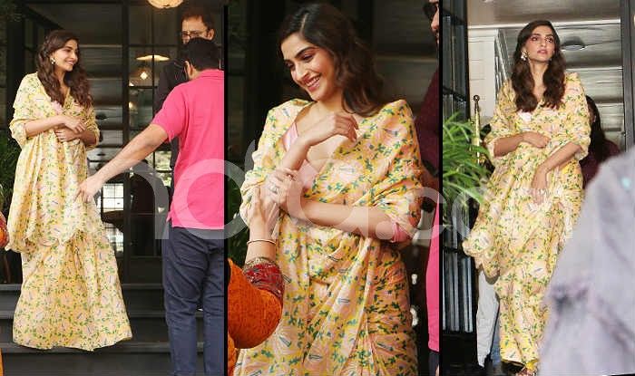 Sonam Kapoor Ahuja steps out in a printed green Masaba sari | VOGUE India