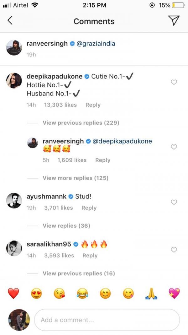 Deepika Padukone comments on Ranveer Singh's picture