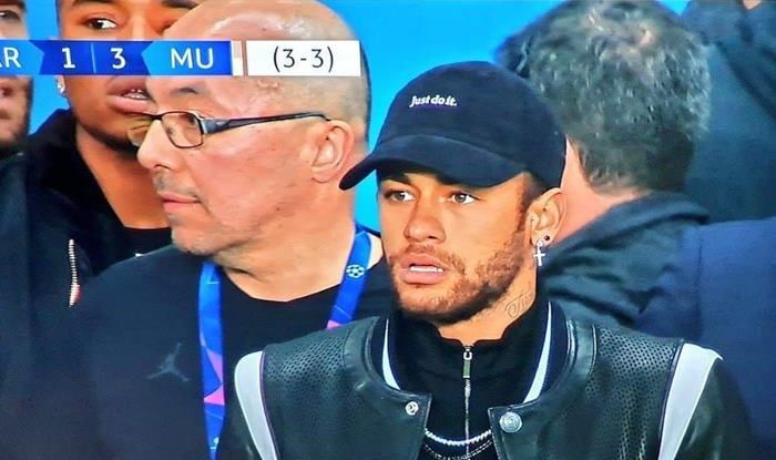 PSG's Neymar After Manchester United's 3rd Goal in UCL