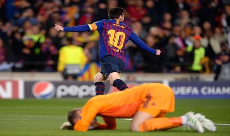 Barcelona's Lionel Messi scores a brace against manchester United in the UCL quarterfinals_picture Champions League Official Twitter handle