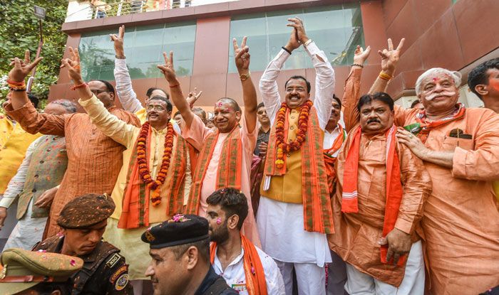 BJP leaders celebrating at headquarters in Lucknow. Photo Courtesy: PTI