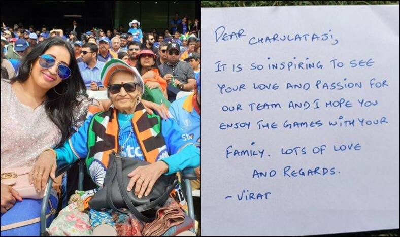 Virat Kohli meeting 87-year0old fan, Charulata Patel at Leeds, Charulata Patel cheers for Virat Kohli, Virat Kohli gives tickets to Charulata, Virat takes blessings, Virat Kohli Twitter, Virat Kohli takes blessings, Charulata Patel, Virat Kohli posts heartfelt message for daadi, India beat Bangladesh, Indian dadi, Indian dadi expressions, Indian fans, dadi goes viral, Twitter Viral, Twitter Trending, India vs Sri Lanka, Ind vs SL, ICC Cricket World Cup 2019, Match no 40, Leeds, Headingley, Cricket News, Indian Cricket National Team, Team India, Indian Cricket Team, India beat Bangladesh by 28 runs, India reach semi-finals