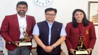 Sports Minister Kiren Rijiju Confers Arjuna Award to Rohan Bopanna, Smriti Mandhana Sports Minister Kiren Rijiju Confers Arjuna Award to Rohan Bopanna, Smriti Mandhana