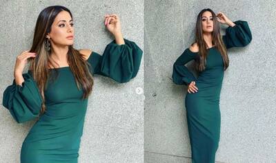 green emerald velvet dress Hina khan in treasure organza lehenga- Green