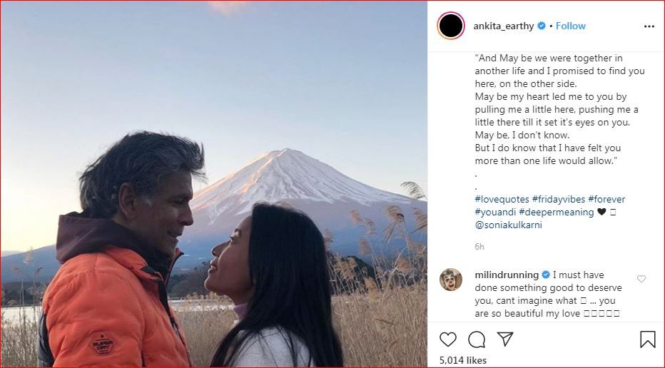Milind Soman's comment on Ankita Konwar's Instagram post