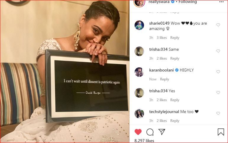 Compliments on Swara Bhasker's post