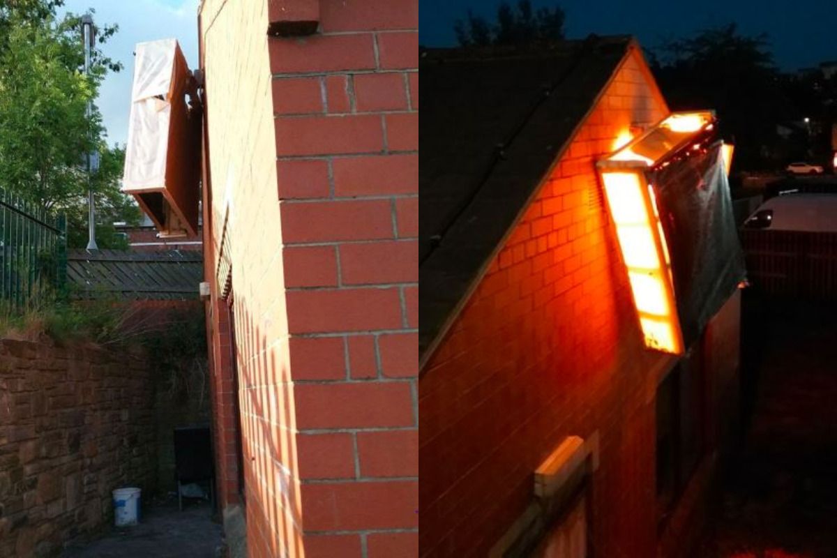 Bed hanging from light, UK, Emily Beattie, Hyde Park, Leeds, Bed on a light