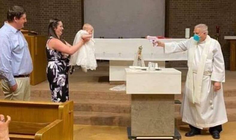 Priest uses gun for baptism, Baptism by gun, COVID-19 outbreak, Coronavirus pandemic, Catholic priest caught on camera