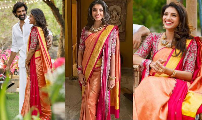 Simple engagement look in hot sale saree