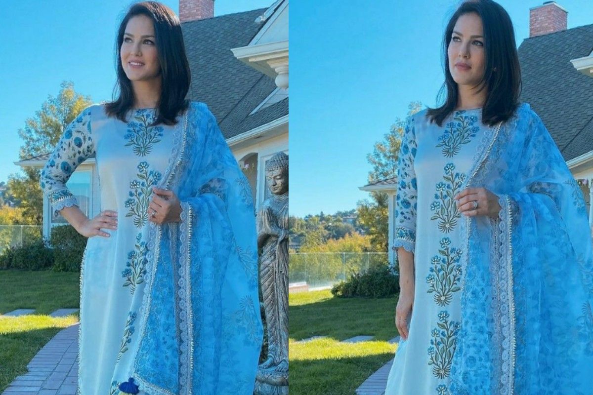 Sunny Leone Is A Sight For The Sore Eyes In A Printed Powder Blue Suit By Mayeera Jaipur Worth 14K
