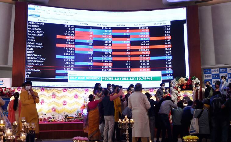 Bombay Stock Exchange (BSE) lit up during Muhurat trading to mark the Diwali festival, in Mumbai, Monday, October, 2022. (PTI Photo)