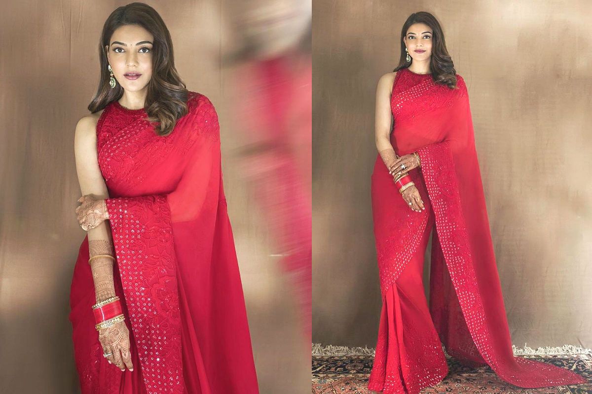 Kajal Aggarwal Wears The Most Delicate Red Saree by Manish Malhotra For Her First Karwa Chauth