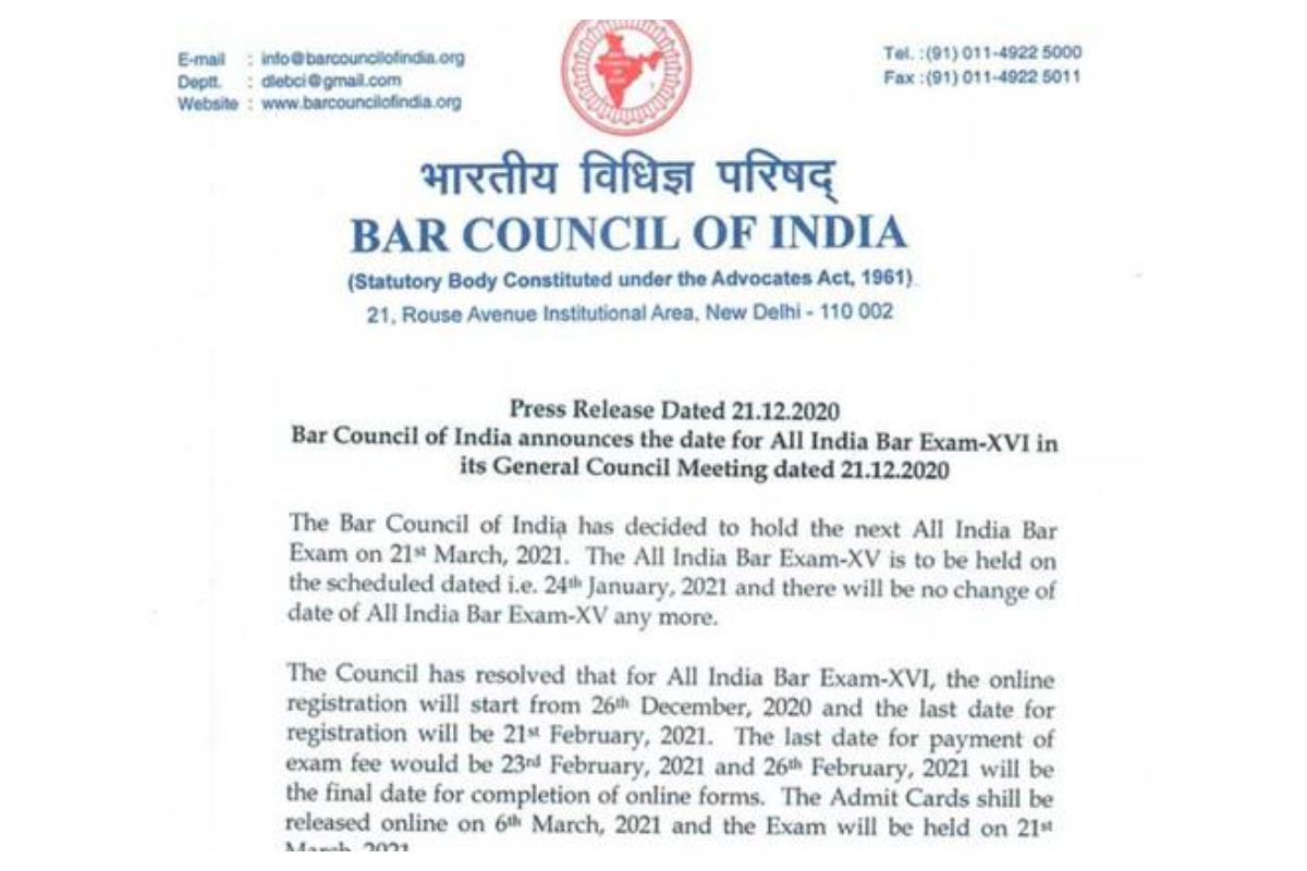 Bar Council of India (BCI) Announces AIBE XVI Exam Dates, Applications