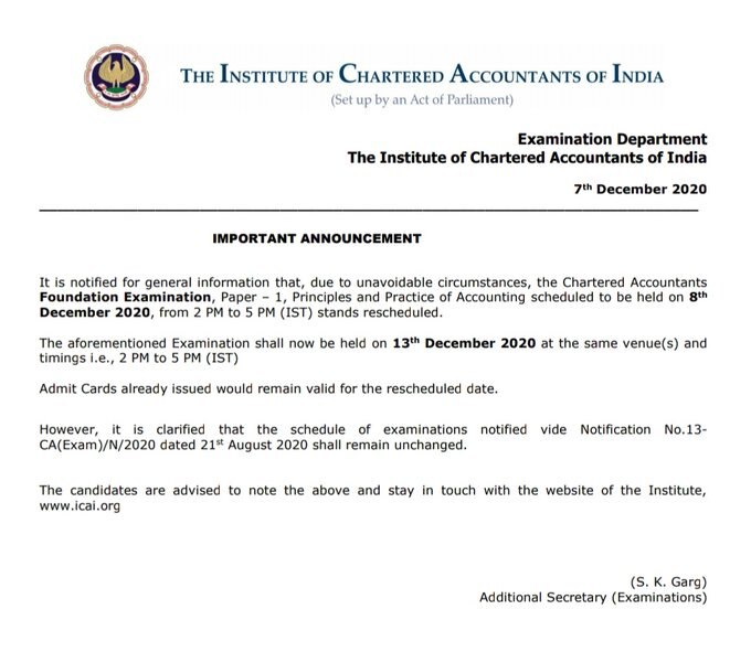 ICAI Postpones Chartered Accountants Foundation Examination Paper1