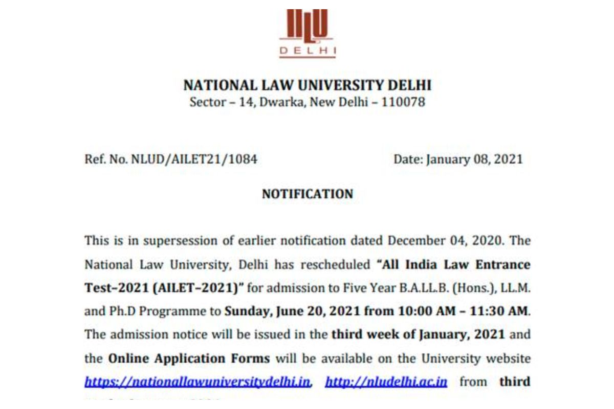 NLU Delhi Reschedules AILET 2021 Exam