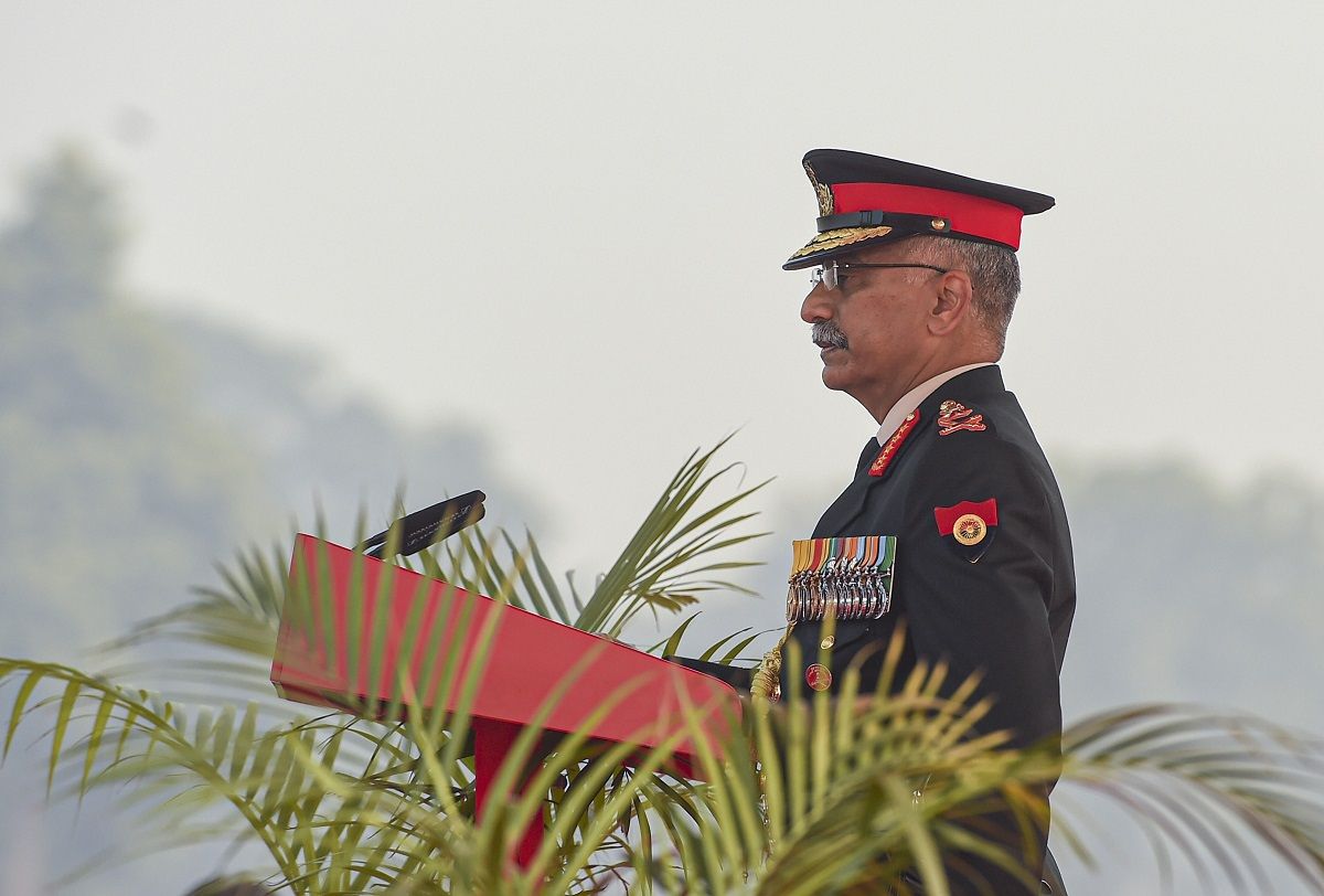 Chief of Army Staff Gen Manoj Mukund Naravane speaks during the 73rd Army Day Parade, at Parade Ground in New Delhi, Friday, Jan. 15, 2021. (PTI Photo)
