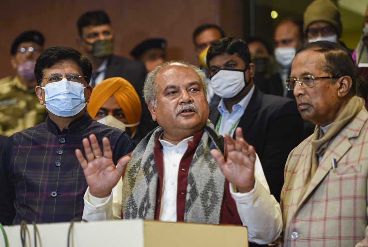 Union Minister for Agriculture and Farmers Welfare Narendra Singh Tomar with Minister for Commerce and Industry Piyush Goyal and Minister of State Som Prakash addresses a press conference after the 11th round of talks with farmers representatives on new farm laws, at Vigyan Bhavan in New Delhi, Friday, Jan. 22, 2021. (PTI Photo)
