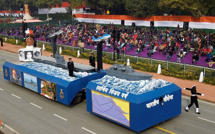 Indian Navy tableau moves past Rajpath during the full dress rehearsal for the upcoming Republic Day Parade, in New Delhi, Saturday, Jan. 23, 2021. (PTI Photo)