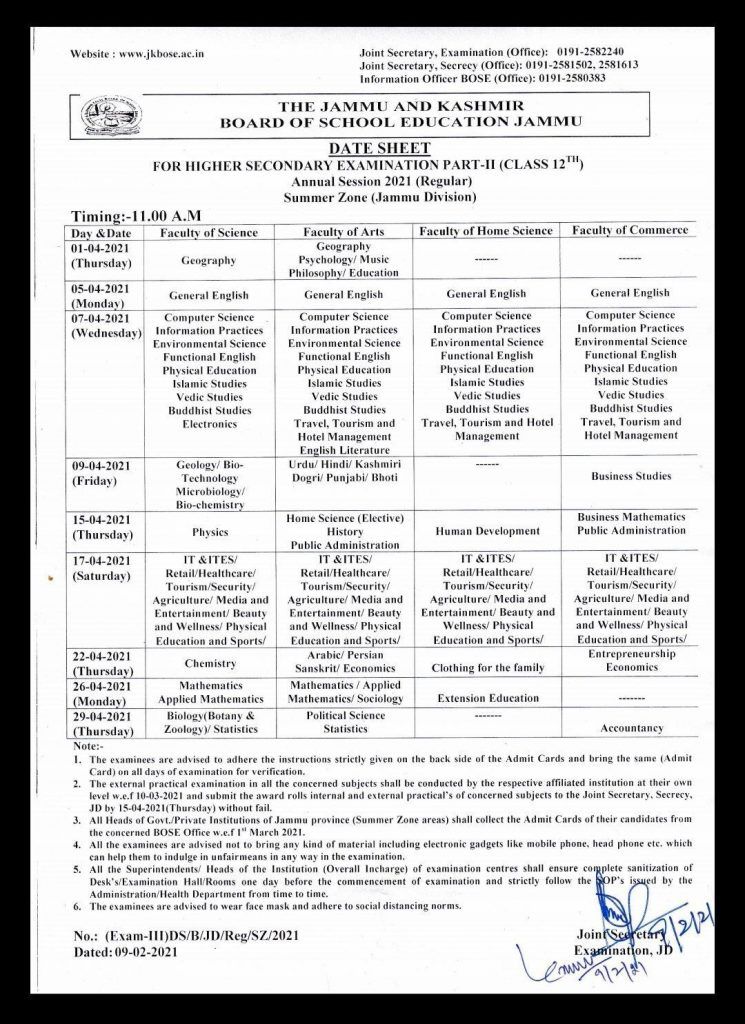 JKBOSE 10th and 12th Date Sheet 2021 Released for Jammu Zone, Exams to ...