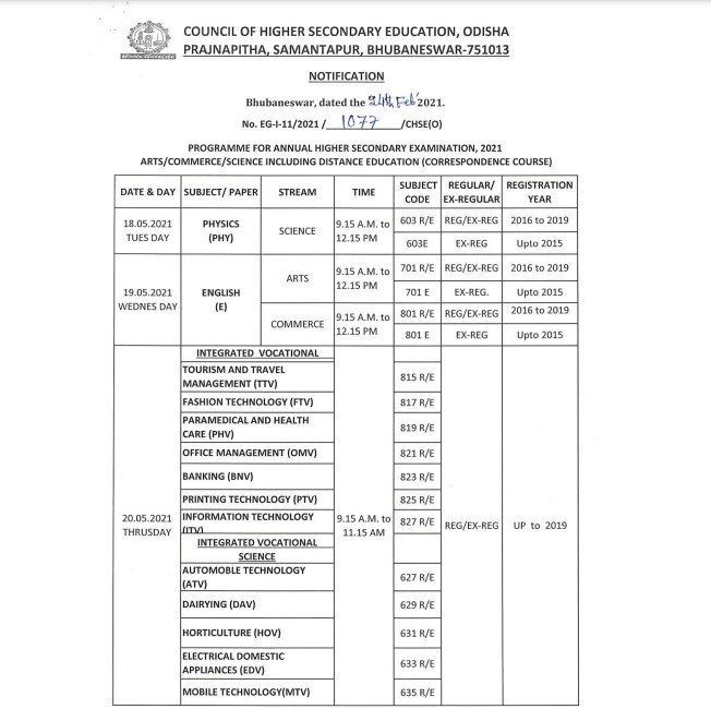 CHSE Odisha Plus Two Exam Datesheet For Class 12th Released, Check ...