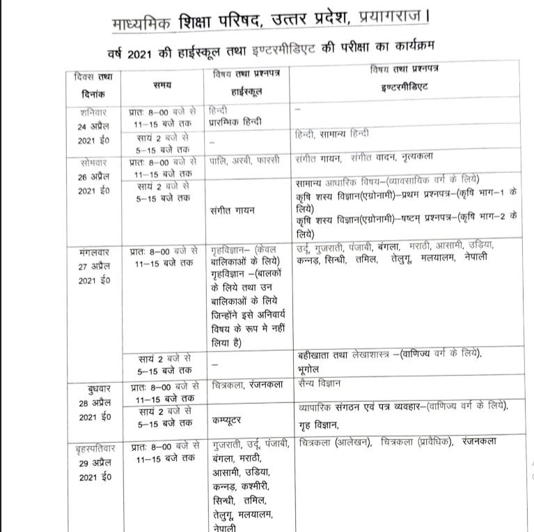 Download PDF! UP Board Exam 2021 Date Sheet Out यूपी बोर्ड 10वीं