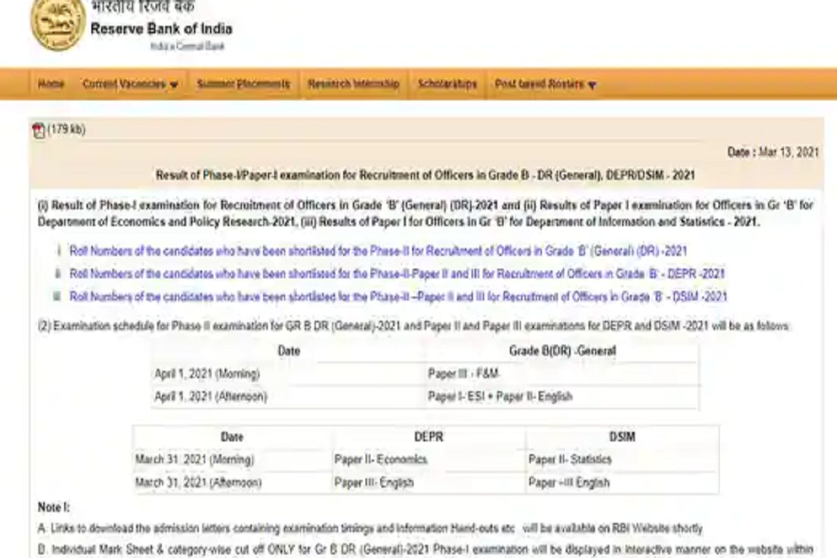 RBI Grade B Phase I Results 2021 Announced, Direct Link To Check Score ...