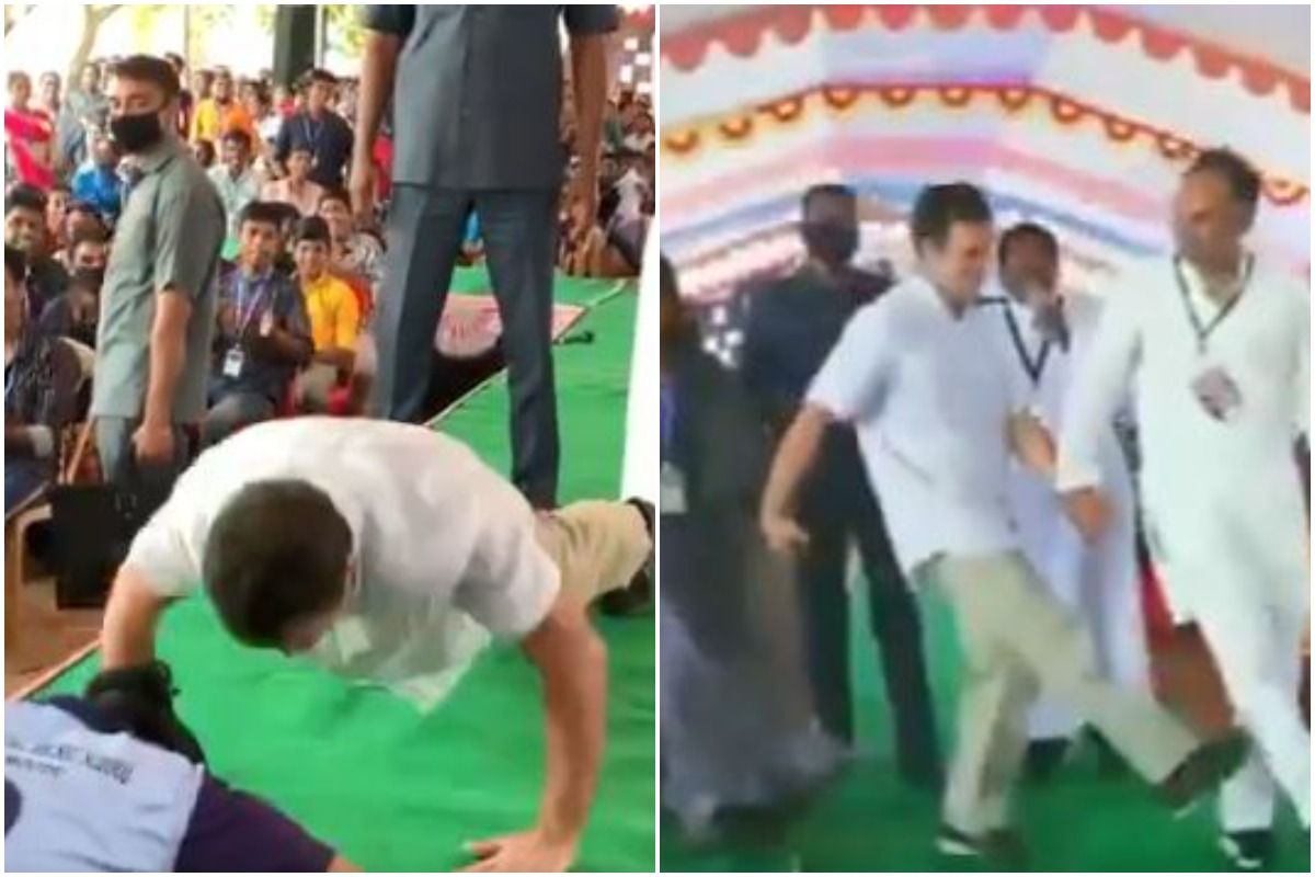 Rahul Gandhi in Tamil Nadu: Rahul Gandhi was seen doing push-ups before students in Mulagumoodu, Tamil Nadu on Monday.