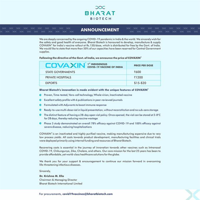 Bharat Biotech Fixes COVAXIN Price: Rs 600 For States, Rs 1200 For Private Hospitals