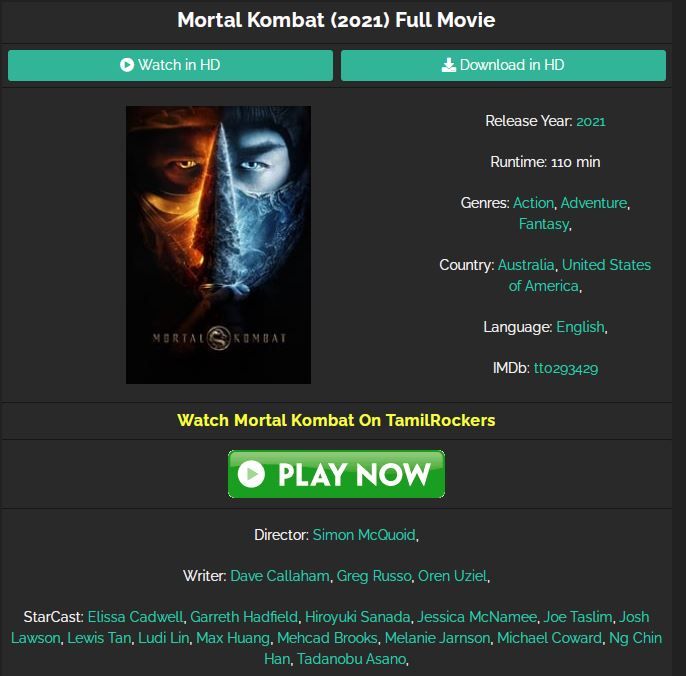 Mortal Kombat Hindi Dubbed Leaked Online Full Hd Available For Free Download Online On Tamilrockers And Other Torrent Sites