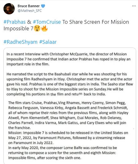 Tollywood actor Prabhas in Mission Impossible 7? Listen From The Director Itself!