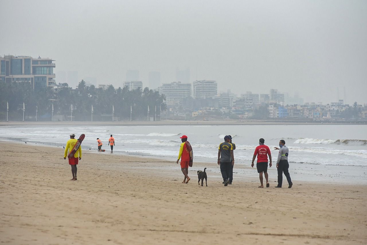 Life Guard and firefighters patrol Juhu beach area due to formation of Cyclone Tauktae in the Arabian Sea, in Mumbai, Saturday, May 15, 2021.